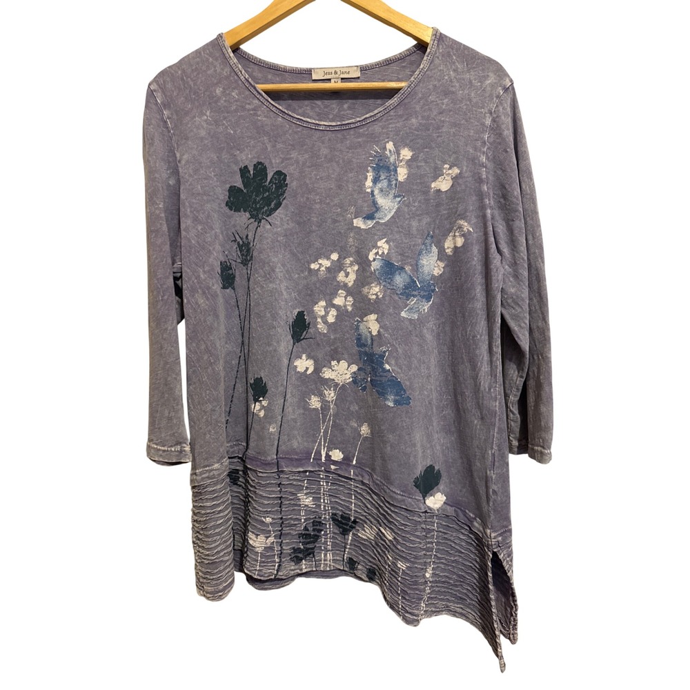 Jess & Jane Tunic Top Womens Medium Purple Bird Floral Mineral Wash Slub Knit